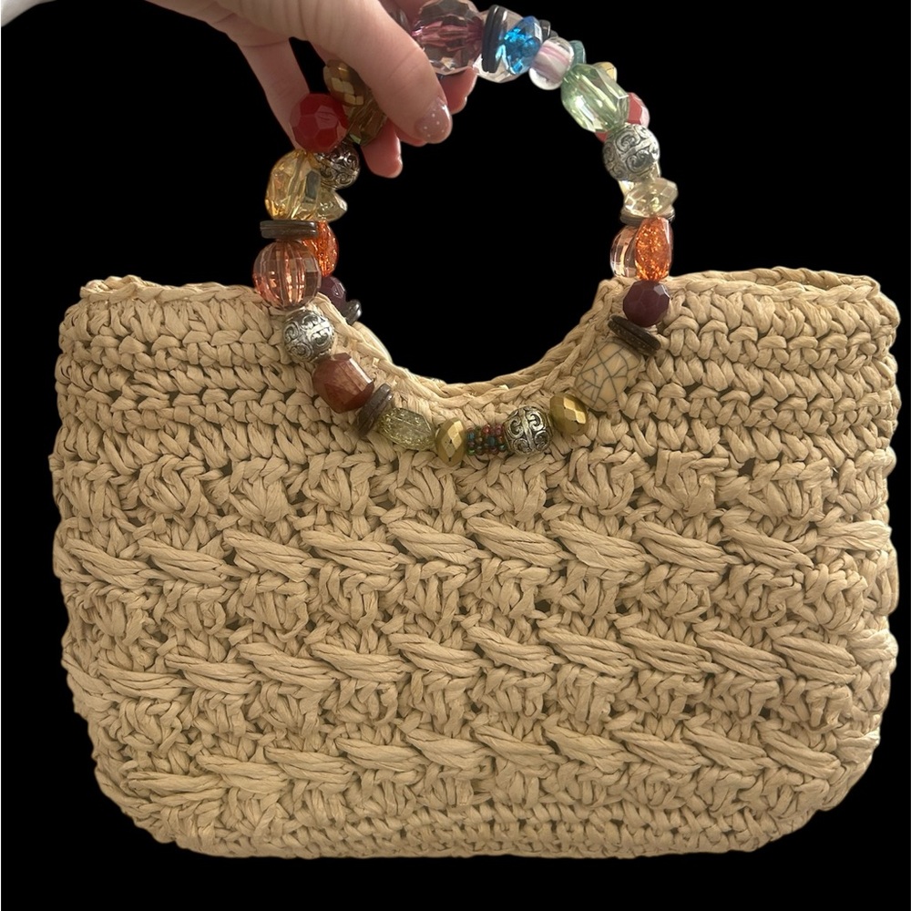 Straw Woven Brown Tote Bag with Beaded Handle